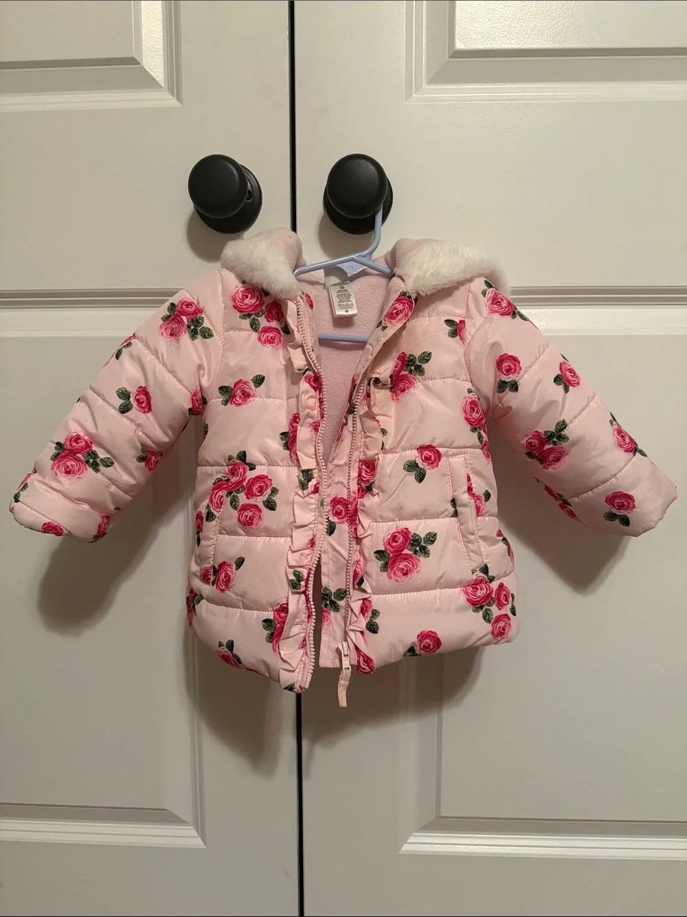 Pink Floral Puffer Jacket with Faux Fur Hood - Kids